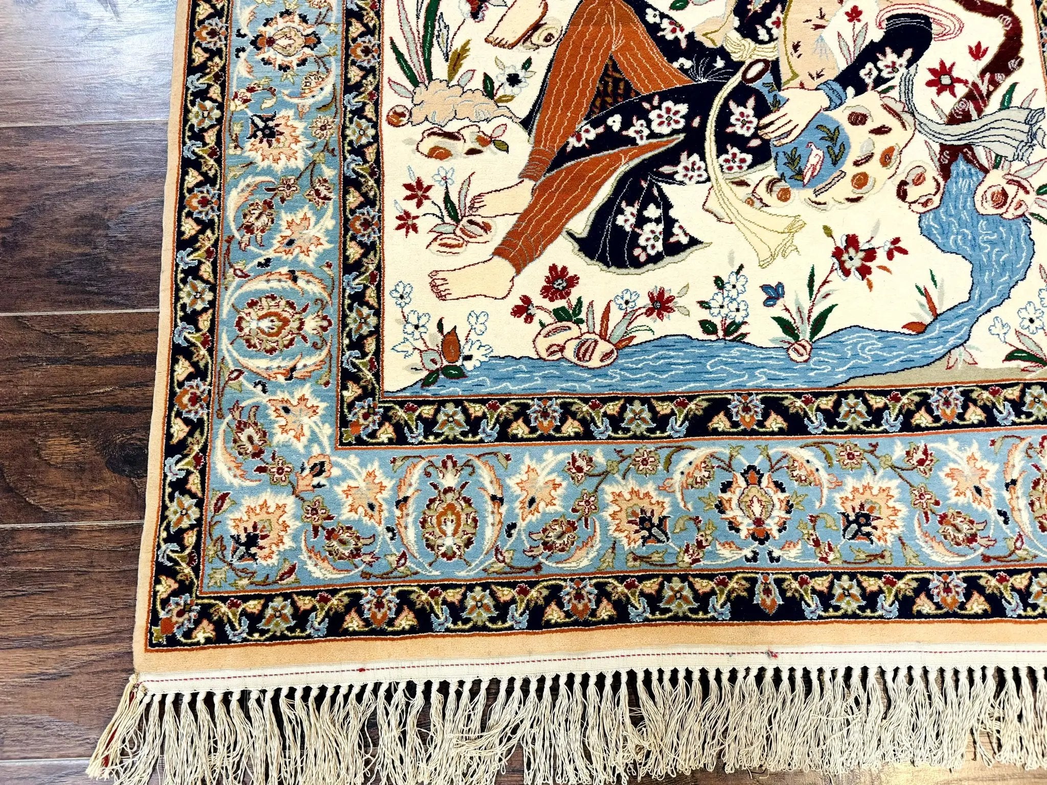 Persian Isfahan Pictorial Rug, Two Lovers, Kork Wool on Silk Foundation, Ivory and Light Blue, 500 KPSI Super Fine by Jewel Rugs