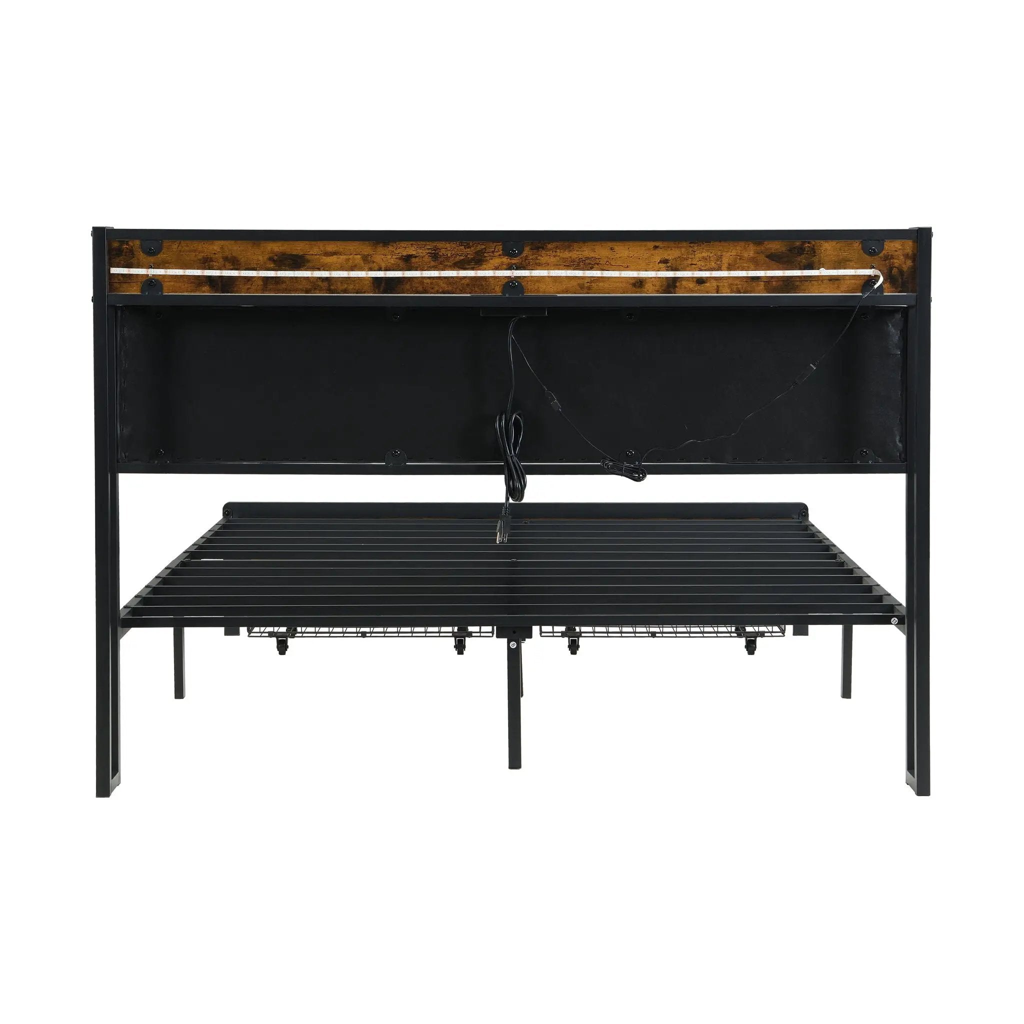 Modern Bed Frame With LED Lights, Upholstered Headboard, USB Charging