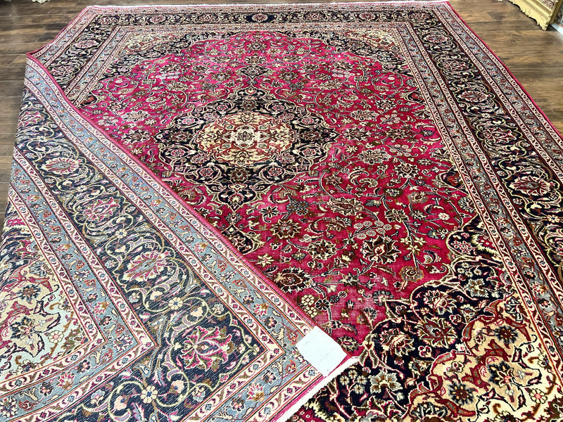 Persian Rug 10x13, Wool Hand Knotted Antique Kashmar Carpet, Raspberry Red & Navy Blue, Floral Medallion, Traditional Oriental Rug 10 x 13 by Jewel Rugs