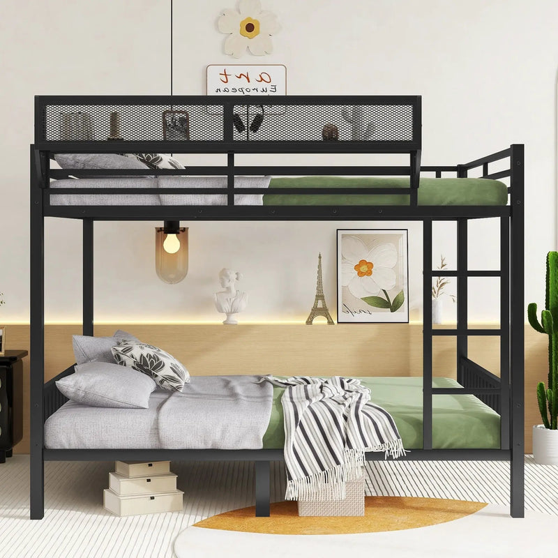 Queen Over Queen Bunk Bed With Ladder And Storage Shelf - Black by HouseOfZazla