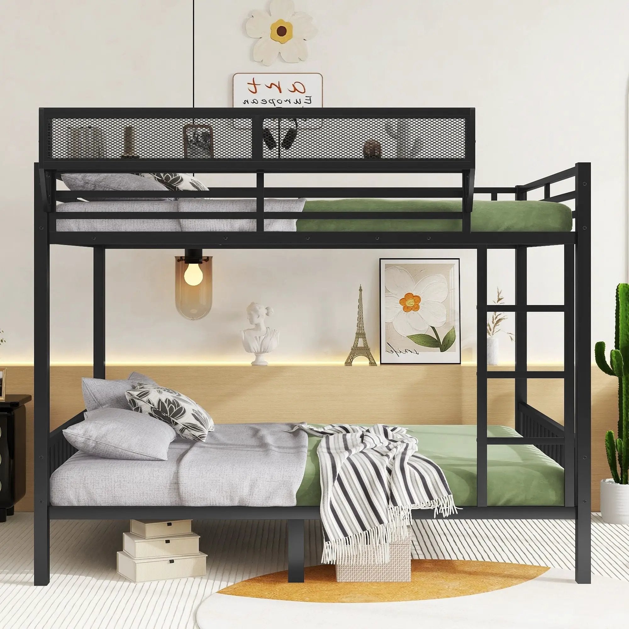 Queen Over Queen Bunk Bed With Ladder And Storage Shelf - Black by Unique Piece Furniture