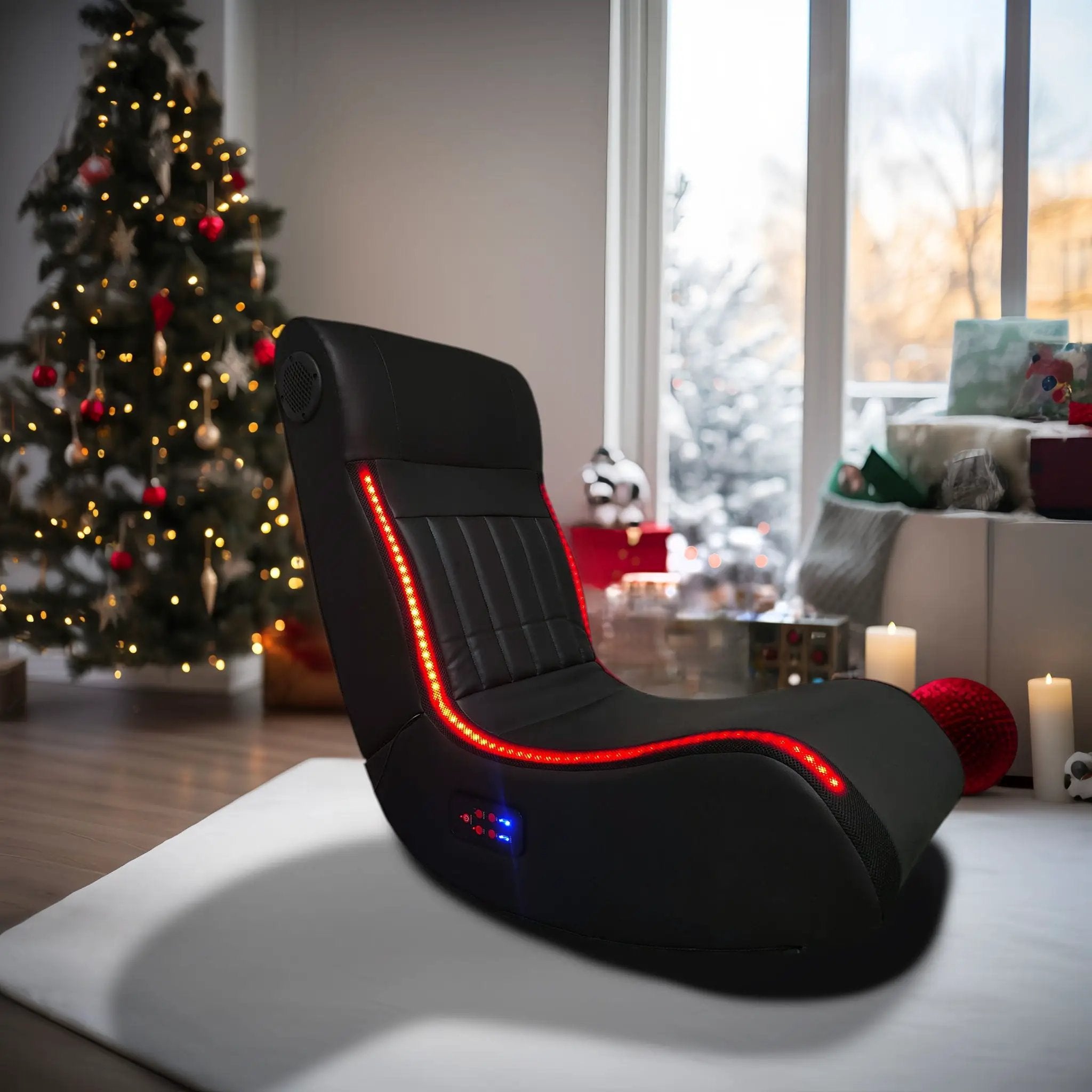 Foldable Gaming Chair With Onboard Speakers, LED Strip Lighting, Bluetooth, Vibration Massage, USB Charging Port - Black by HouseOfZazla