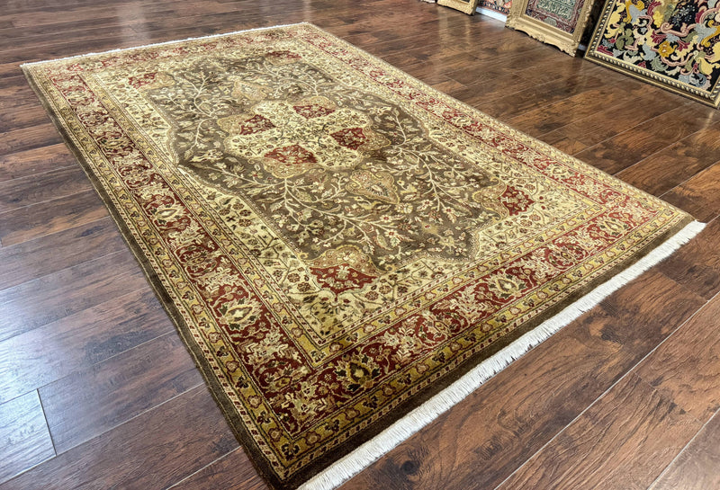 Indo Persian Rug 6x9, Wool Handmade Vintage Rug, Floral Cross Pattern by Jewel Rugs