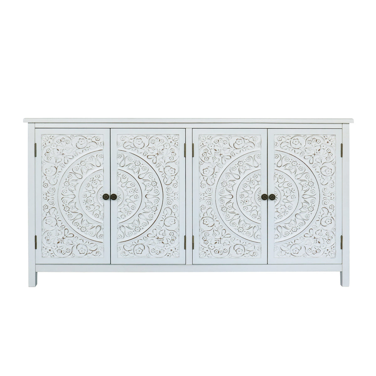 60" White Accent Cabinet with 4 Doors - Rustic Wood Sideboard for Home Organization, photo 5 of 10