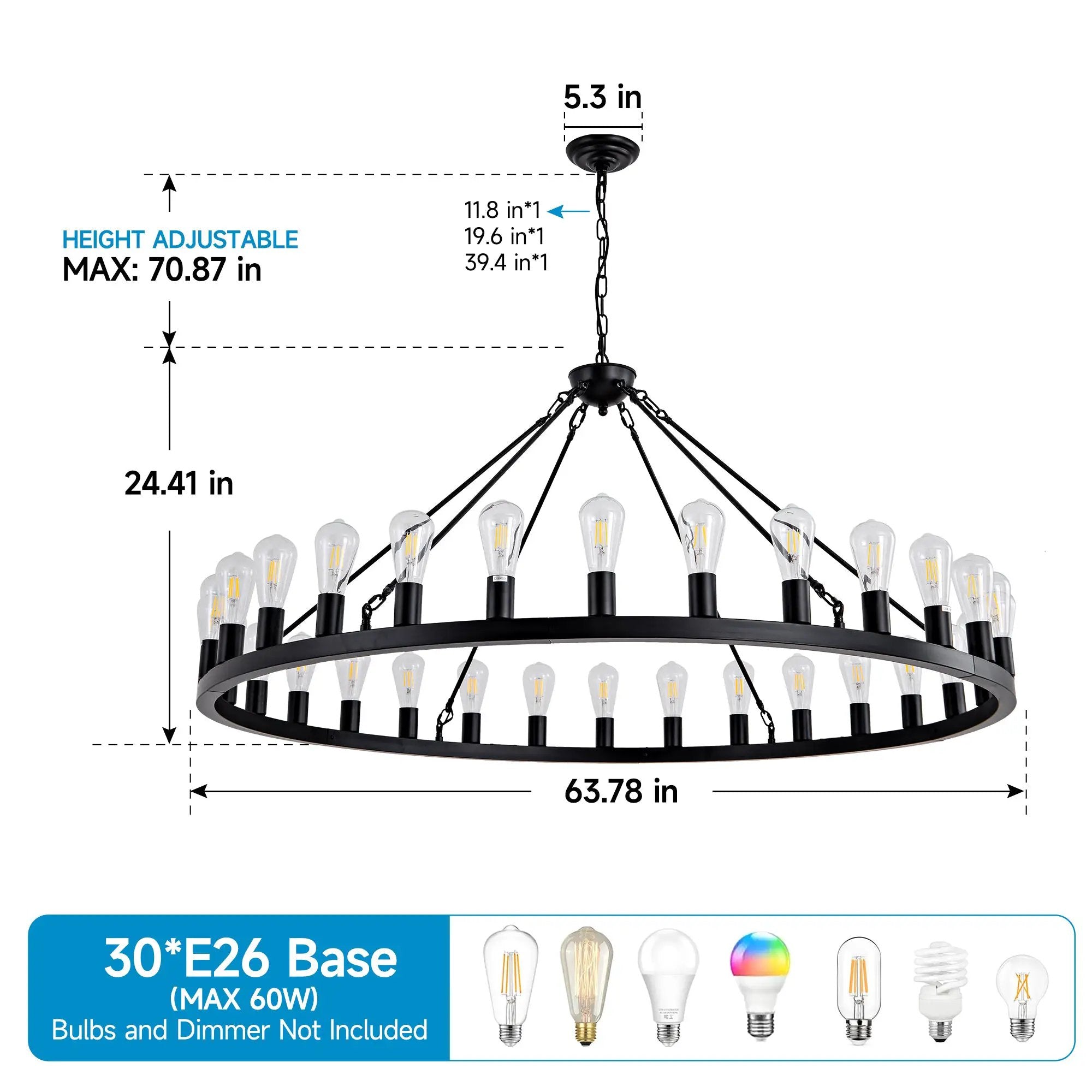 64 Inch Matte Black Wagon Wheel Chandelier With 30 Lights by HouseOfZazla
