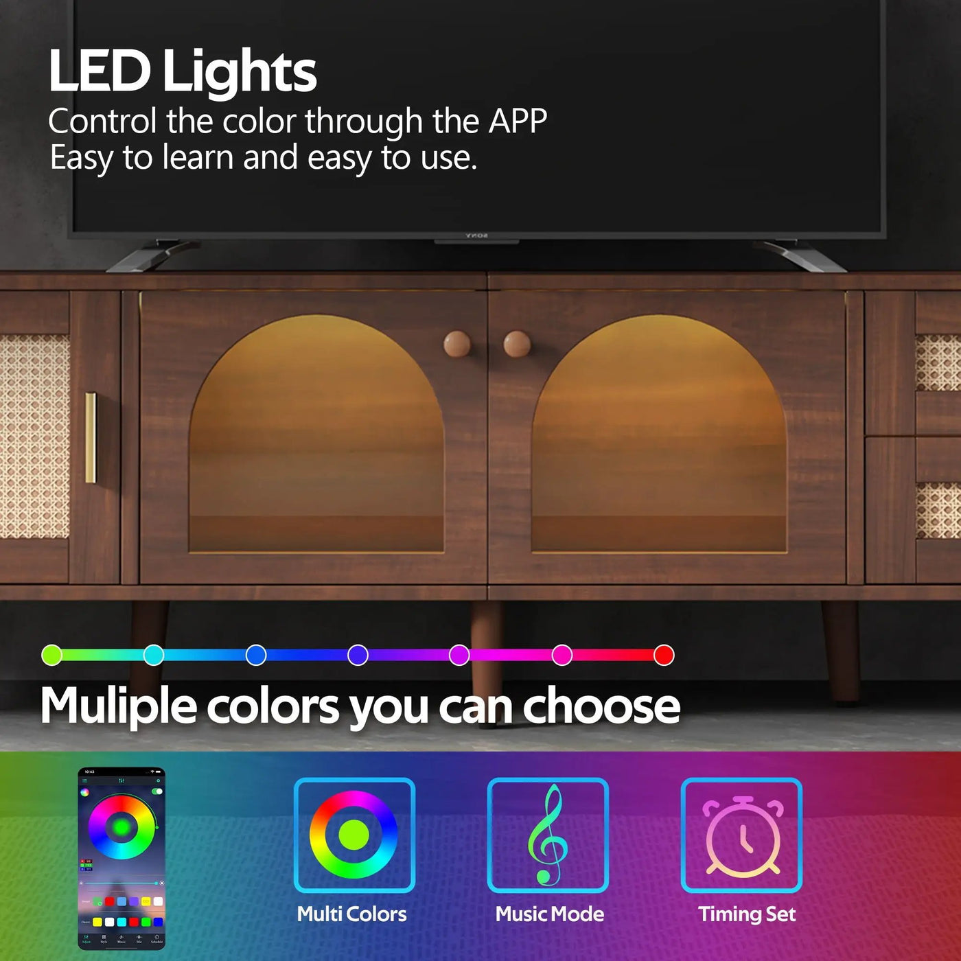 TV Stand With App-Controlled LED Lights, 2 Drawers & Door Storage by HouseOfZazla