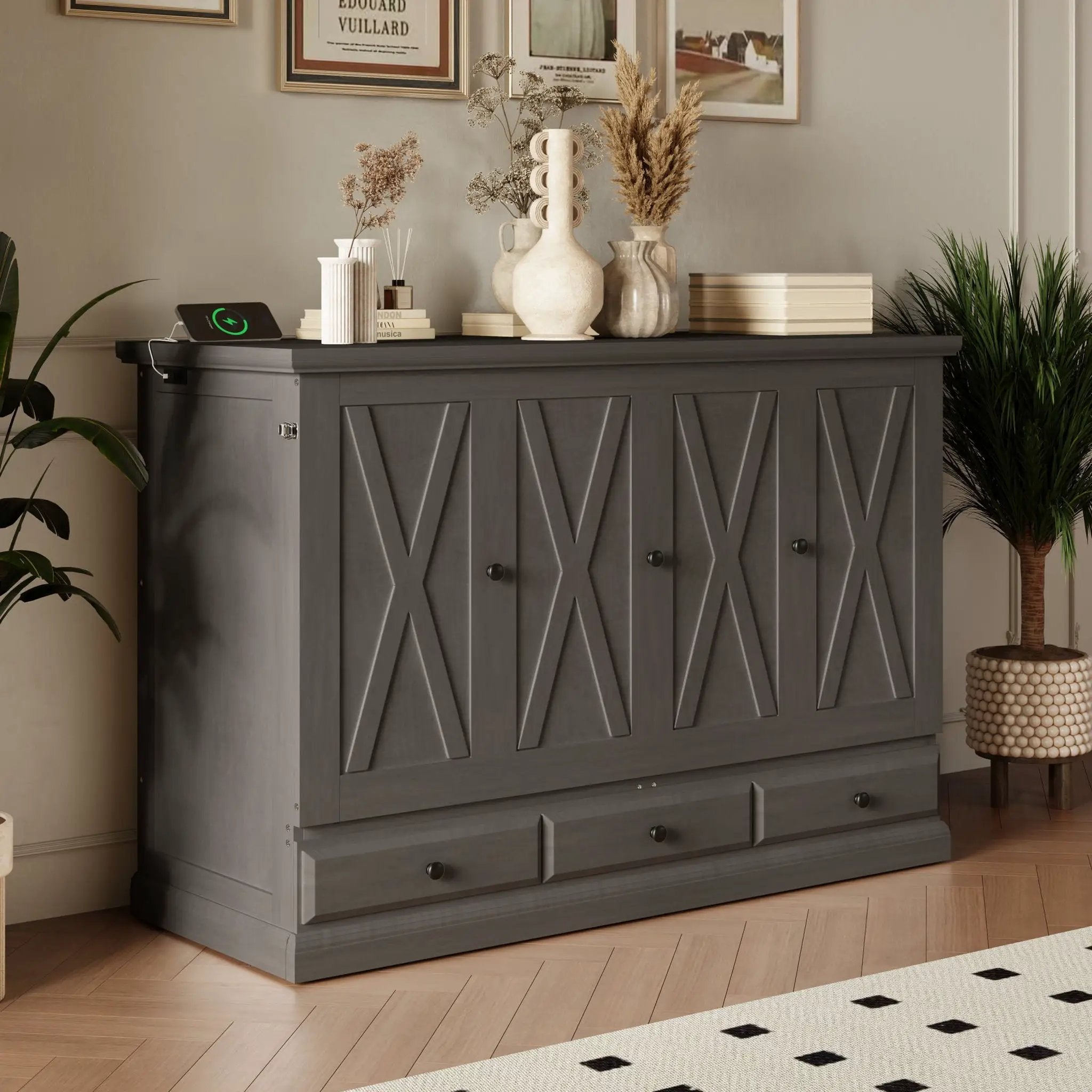 Solid Pine Murphy Bed Chest Cube Cabinet Bed With Charging Station And Large Storage Drawer For Home Office Or Small Room by HouseOfZazla