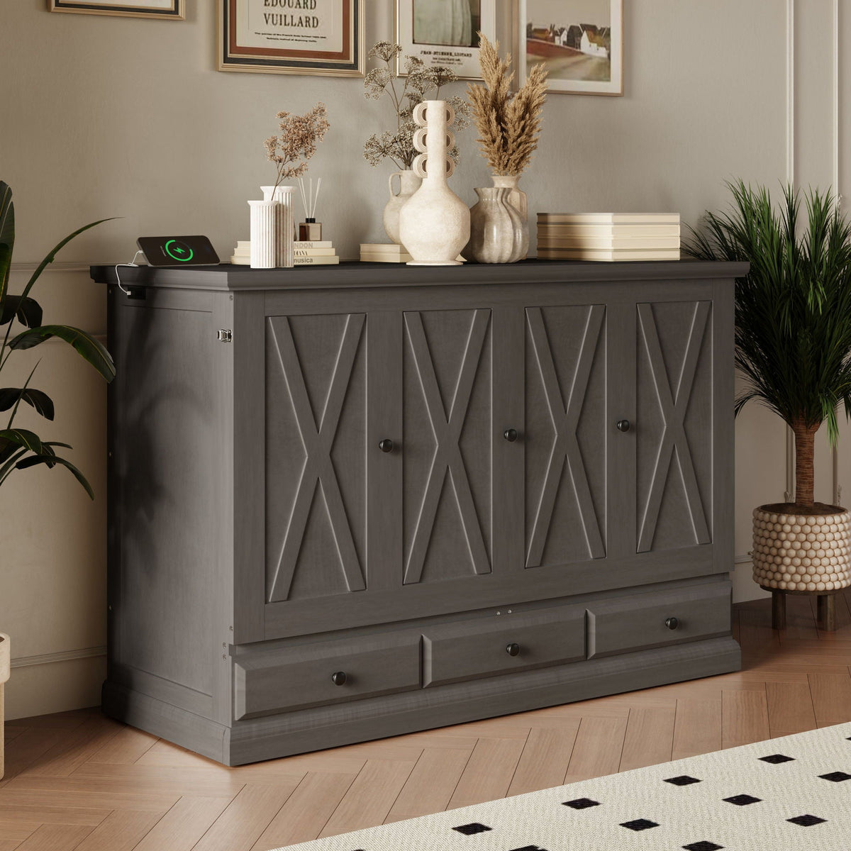 Solid Pine Murphy Bed Chest with USB Charging Station - White or Dark Gray, photo 15 of 40