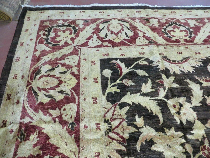 11' X 15' Vintage Hand Knotted Indian Agra Wool Rug Hand Made Dark Brown Floral by Jewel Rugs