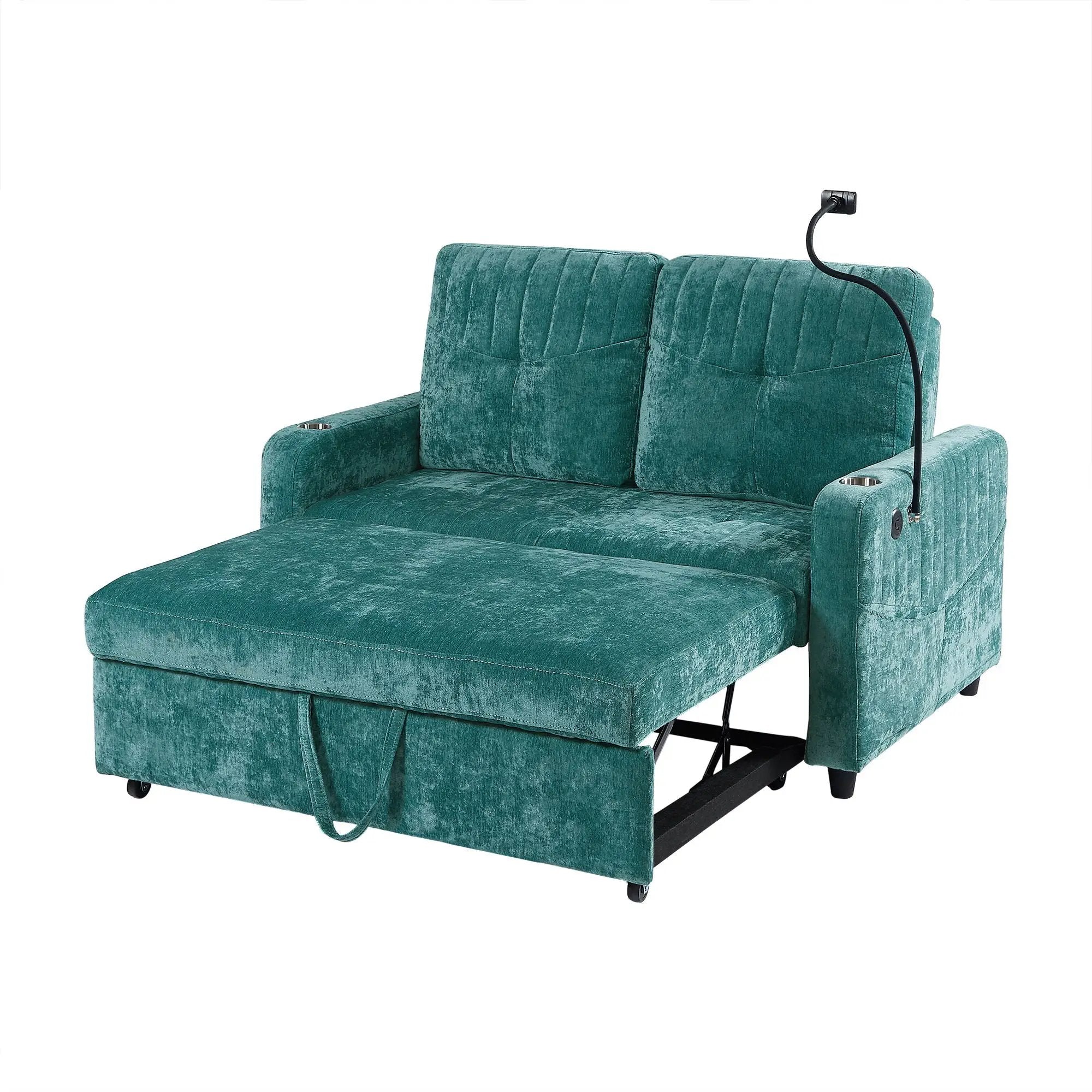 Modern Loveseat Pull Out Sofa Bed With Adjustable Backrest, Two Cup Holders, A Phone Holder, Three Charging Ports And Side Storage Pockets For Living Room by HouseOfZazla