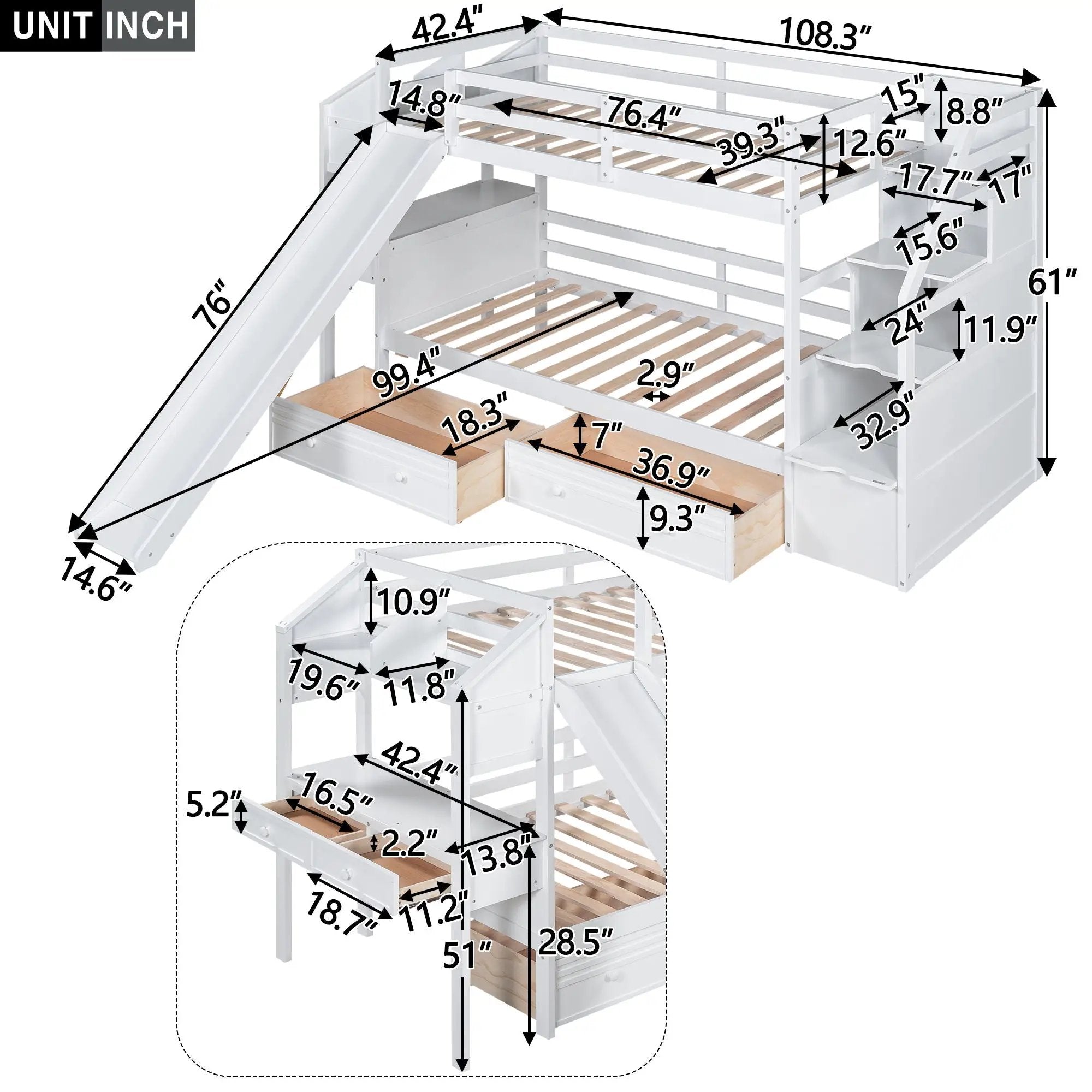 Bunk Bed With Storage Staircase, Slide, Desk, Drawers, And Shelves by Unique Piece Furniture