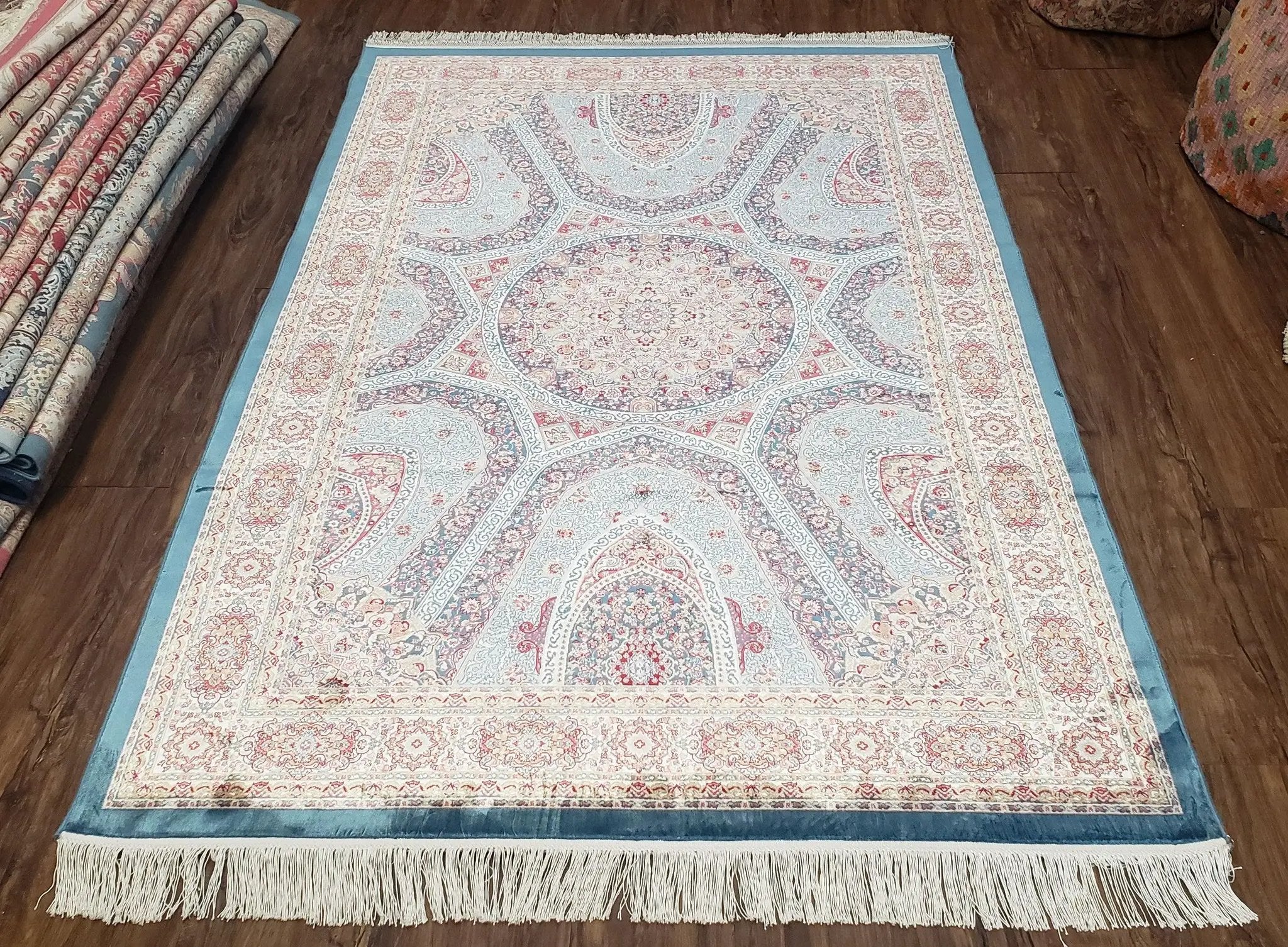 4x6 Silk Carpet, Light Blue & Beige Oriental Rug 4 x 6ft, Traditional Design Medallion All Over, Bamboo Silk, Super Fine, High Quality, Soft by Jewel Rugs