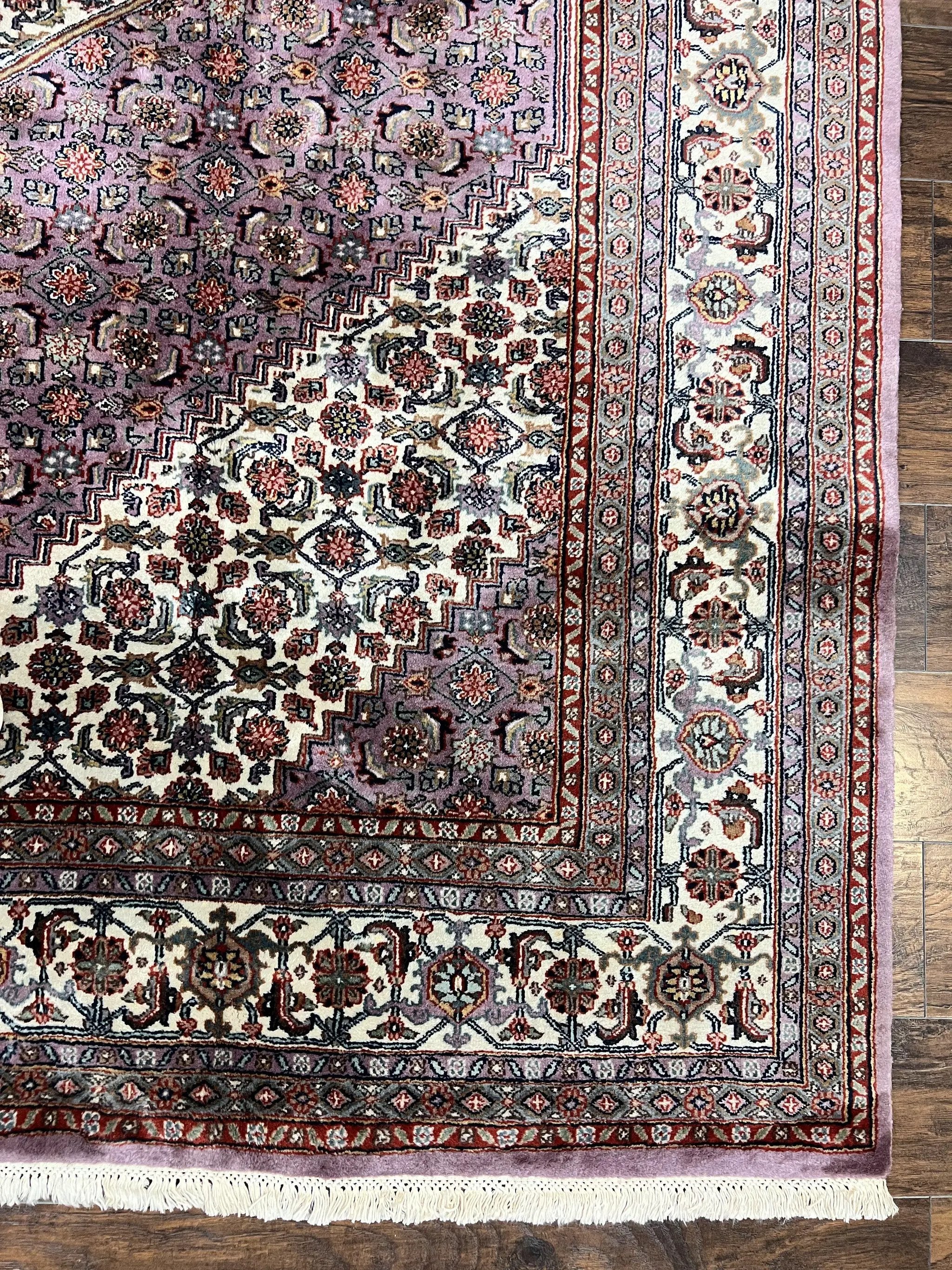 Indo Persian Bidjar Rug 8x10, Purple and Ivory Hand Knotted Wool Vintage Oriental Carpet, Herati Mahi Pattern, 8 x 10 Traditional Fine Rug by Jewel Rugs