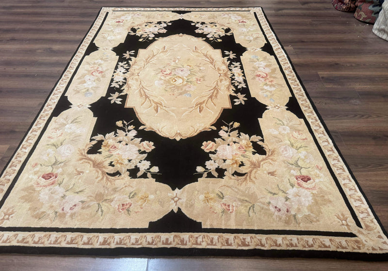 Chinese Aubusson Rug 6x9, Wool Pile, Black, Floral, Elegant by Jewel Rugs
