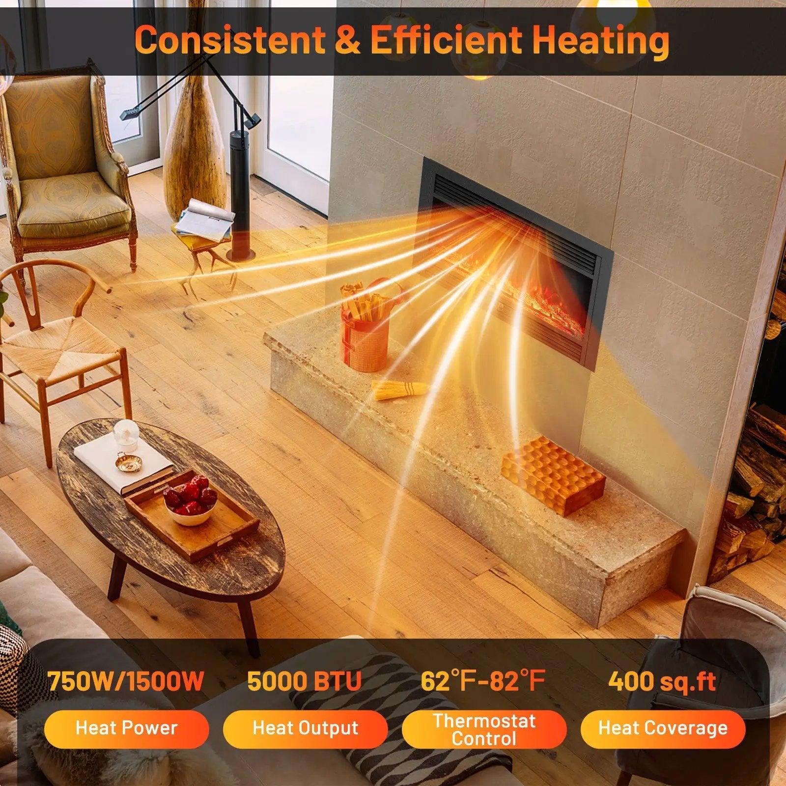 33/36-Inch Electric Fireplace Insert 750W/1500W Recessed Fireplace Heater by DirectDeals
