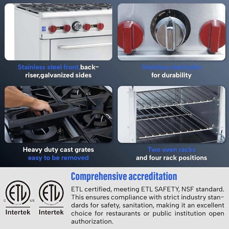 36-Inch Commercial 210K BTU 6-Burner Stainless Steel Freestanding Gas Range (SAK85603) by SAKSBY WHOLESALE