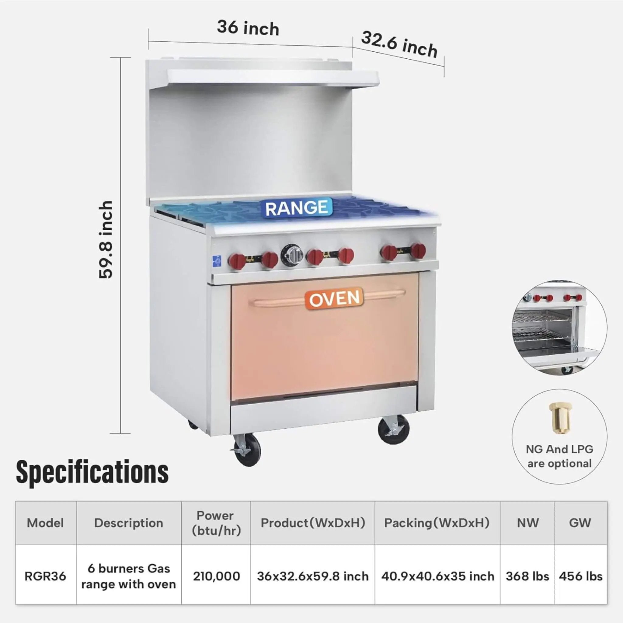 36-Inch Commercial 210K BTU 6-Burner Stainless Steel Freestanding Gas Range (SAK85603) by SAKSBY WHOLESALE