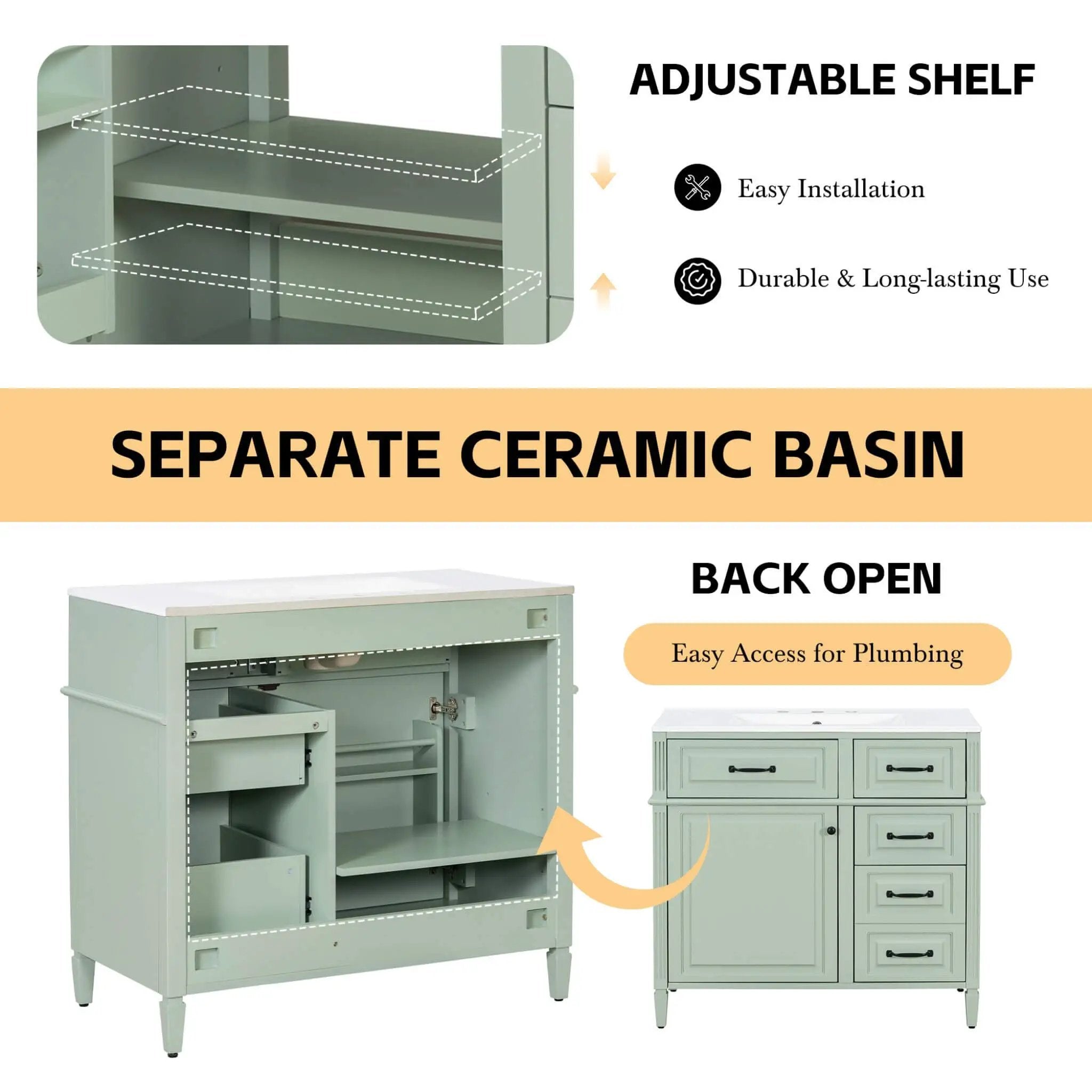 Nuvia 36-Inch Freestanding Bathroom Vanity With Ceramic Sink And Storage Cabinets [Faucet Not Included] (SAK41792) by SAKSBY WHOLESALE