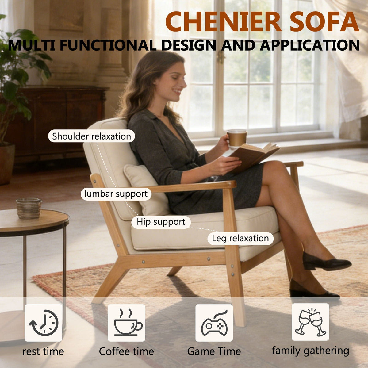 Living Room Chair with Lumbar Pillow and Solid Wood Frame - Dark Gray, Dark Green, Beige, photo 12 of 40