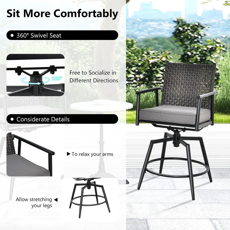 360 Degree Swivel Bar Stool Set of 2 with Metal Frame and PE Rattan Backrest-Black by DirectDeals