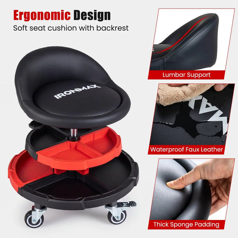 Rolling Mechanic Stool with Adjustable Height & Tool Trays by DirectDeals