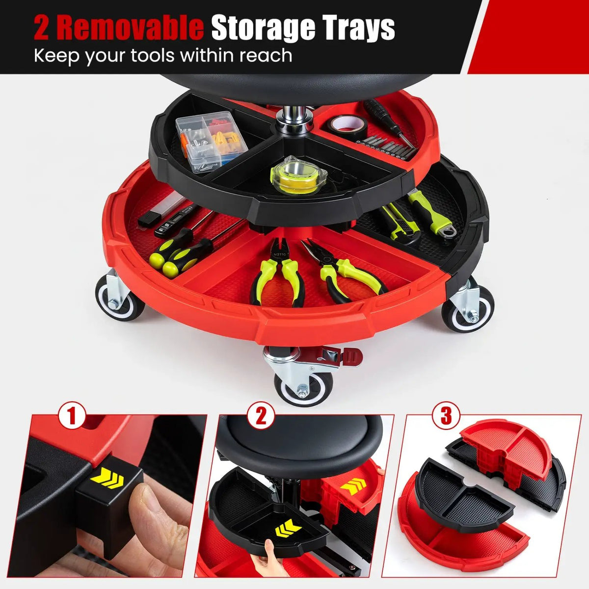 Rolling Mechanic Stool with Adjustable Height & Tool Trays by DirectDeals