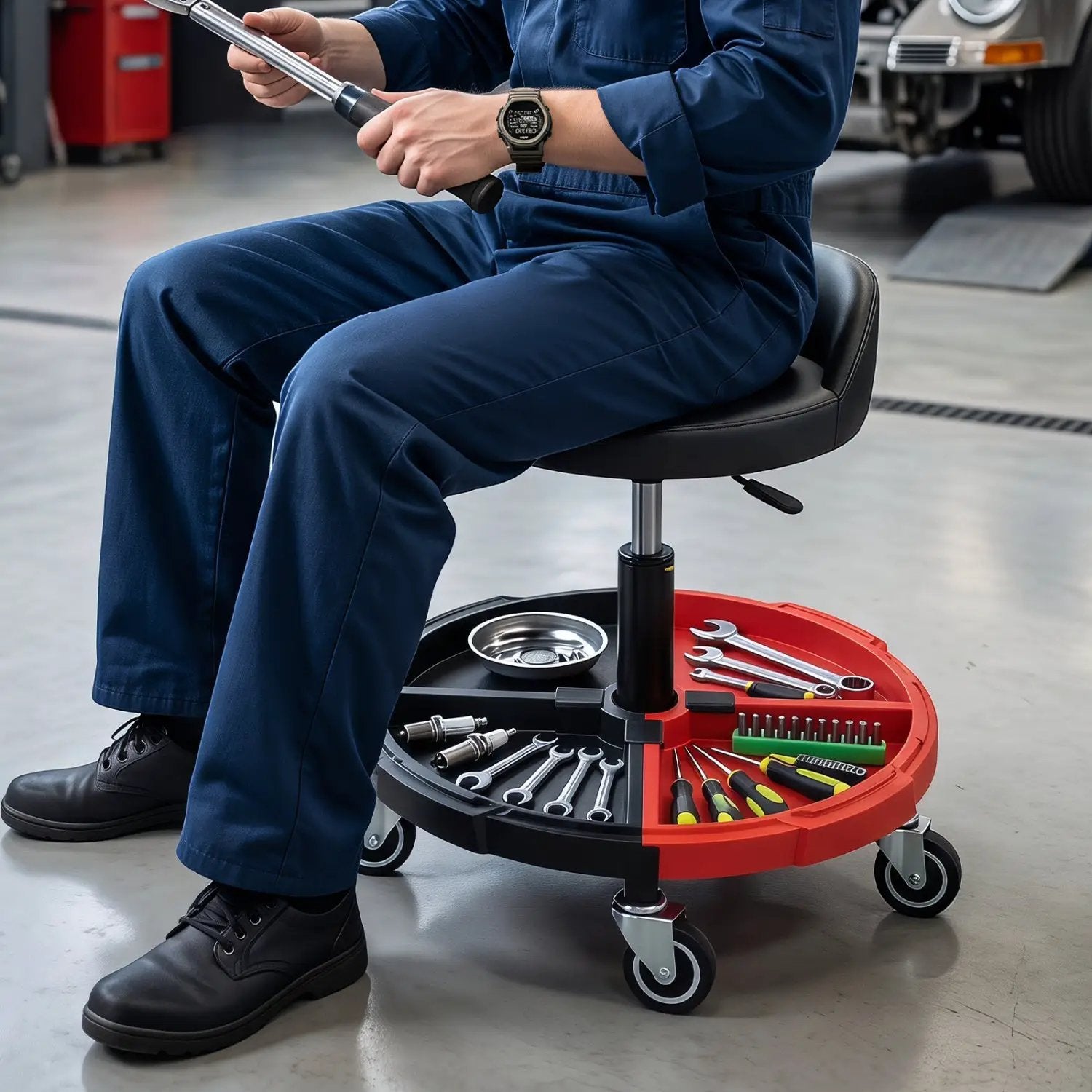 Rolling Mechanic Stool with Adjustable Height & Tool Tray by DirectDeals