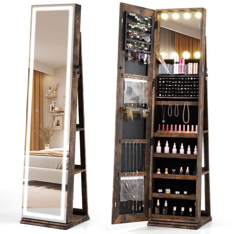 360¬∞ Swivel Freestanding Jewelry Cabinet with Lighted Full Length Mirror by DirectDeals