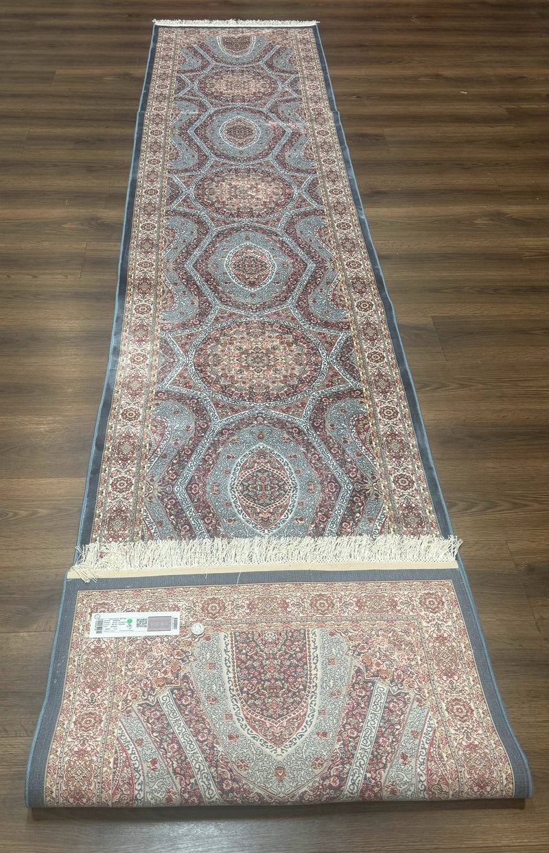 Turkish Silk Runner Rug 2.6 x 13, Blue Runner Rug, Dome Design, Bamboo Silk, New by Jewel Rugs