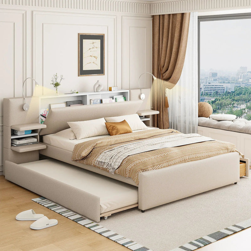 Upholstered Platform Bed With Reading Lights, Drawers, Trundle And Shelves by HouseOfZazla