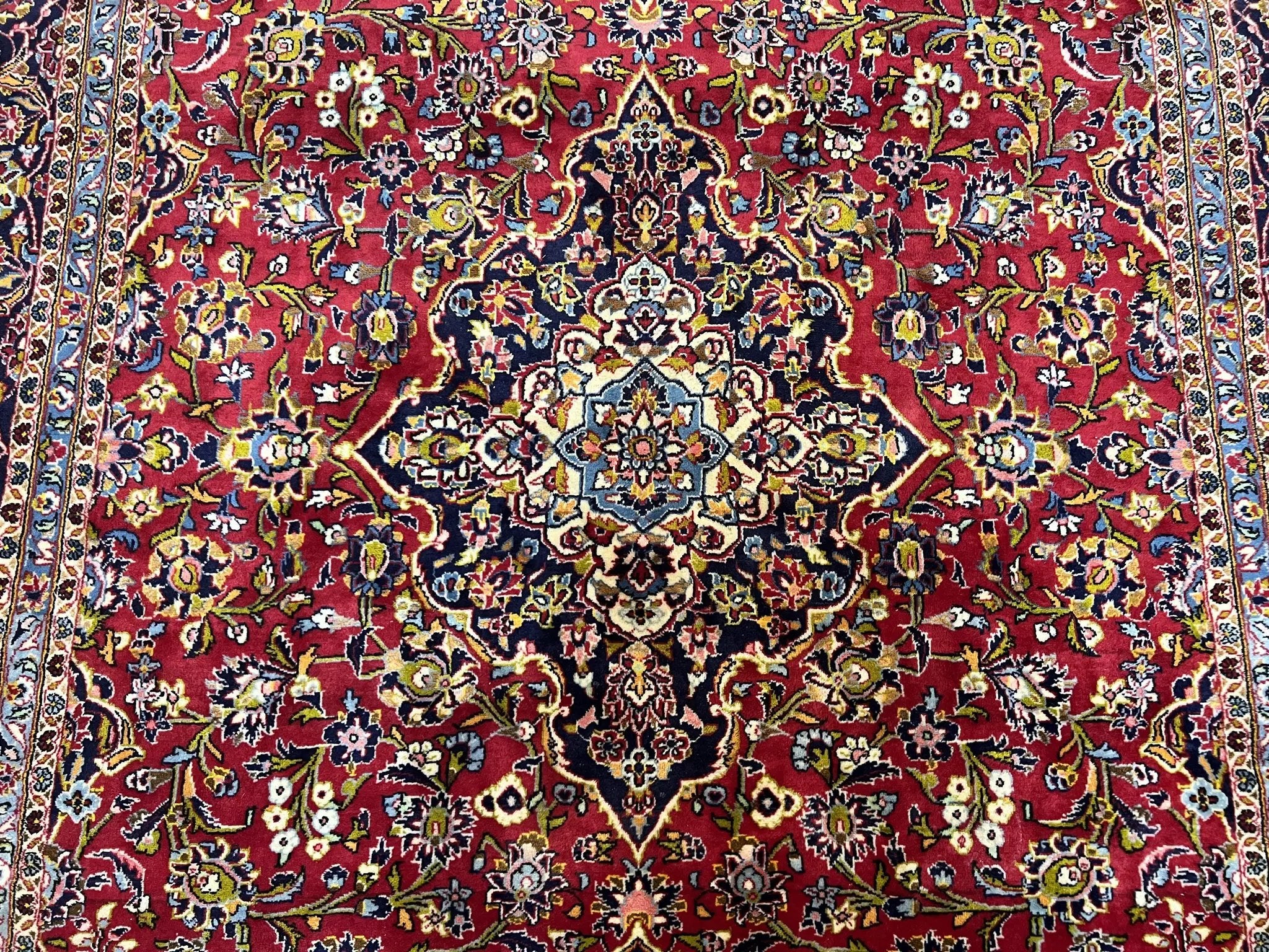 Persian Kashan Rug 9x12, Red Navy Blue, Allover Floral Medallion & Corner Design, Handmade Wool Oriental Carpet, Semi Antique Traditional Carpet by Jewel Rugs