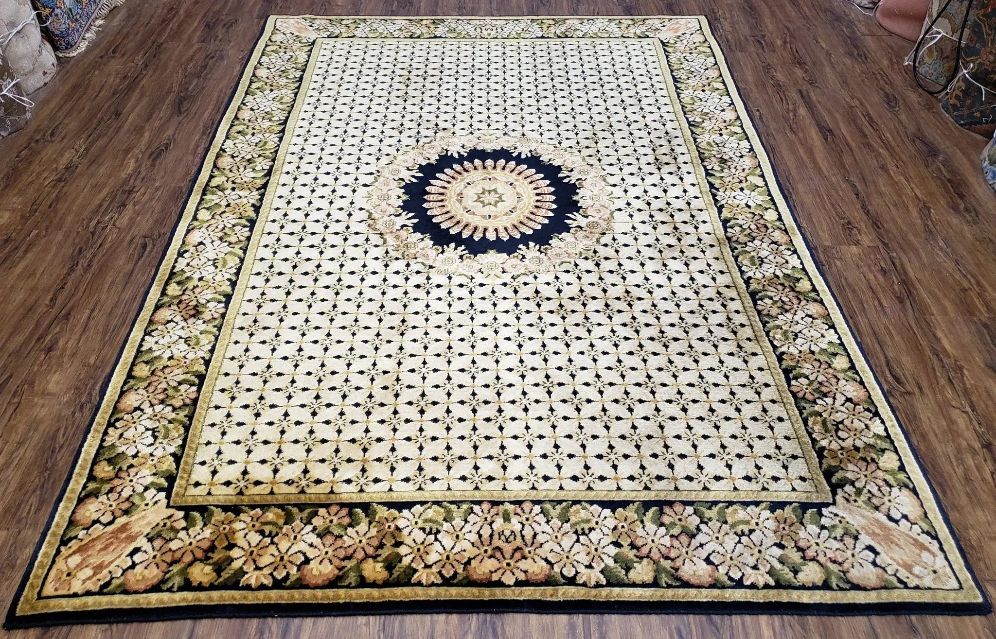Indian Rug with Tibetan Weave, 6x8 - 6x9 Rugs, Indo-Tibetan Rug, Black and Cream Beige Tan, Floral Border, Soft Rug, Handmade Area Rug, Wool by Jewel Rugs