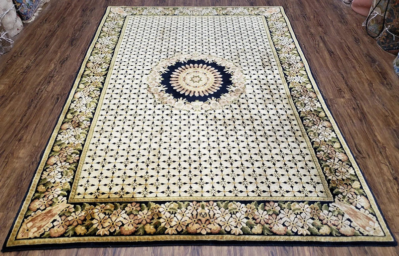 Indian Rug with Tibetan Weave, 6x8 - 6x9 Rugs, Indo-Tibetan Rug, Black and Cream Beige Tan, Floral Border, Soft Rug, Handmade Area Rug, Wool by Jewel Rugs