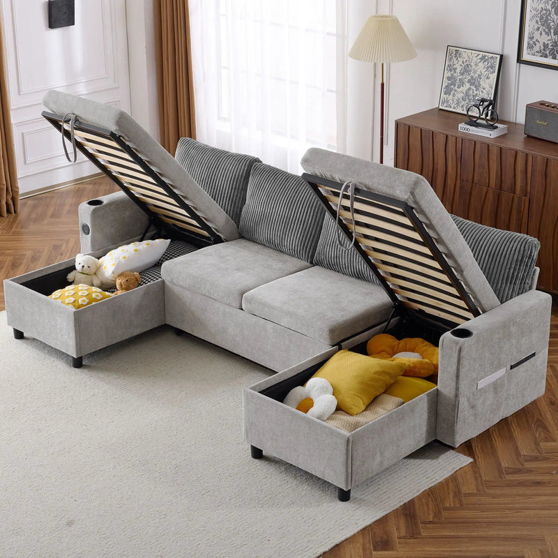 Sectional Sofa Bed With Pull Out Sleeper, USB Ports, Cup Holders by HouseOfZazla