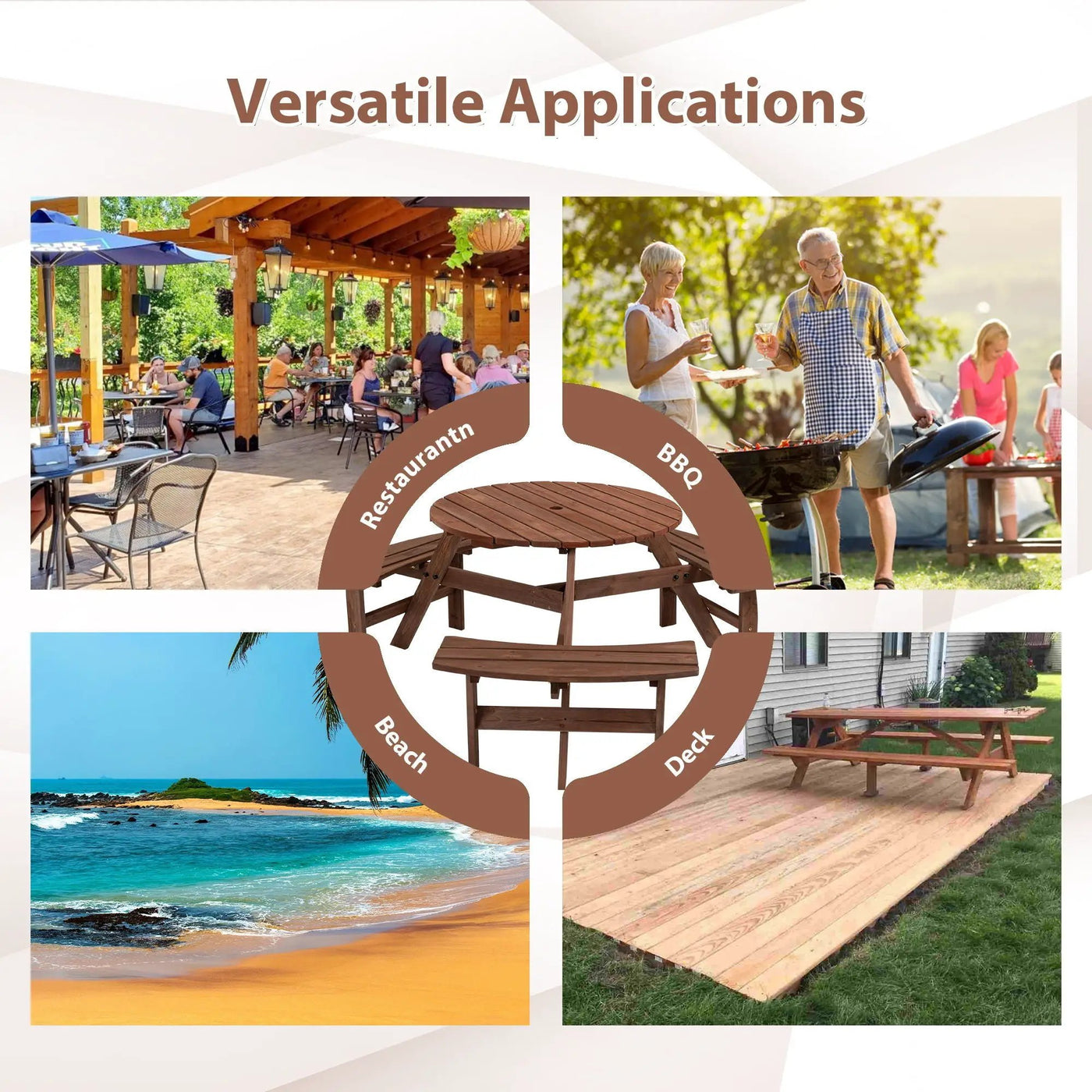6 Person Circular Outdoor Wooden Picnic Table For Patio, Backyard, Garden, Diy With 3 Built-In Benches, 1720Lb Capacity by HouseOfZazla