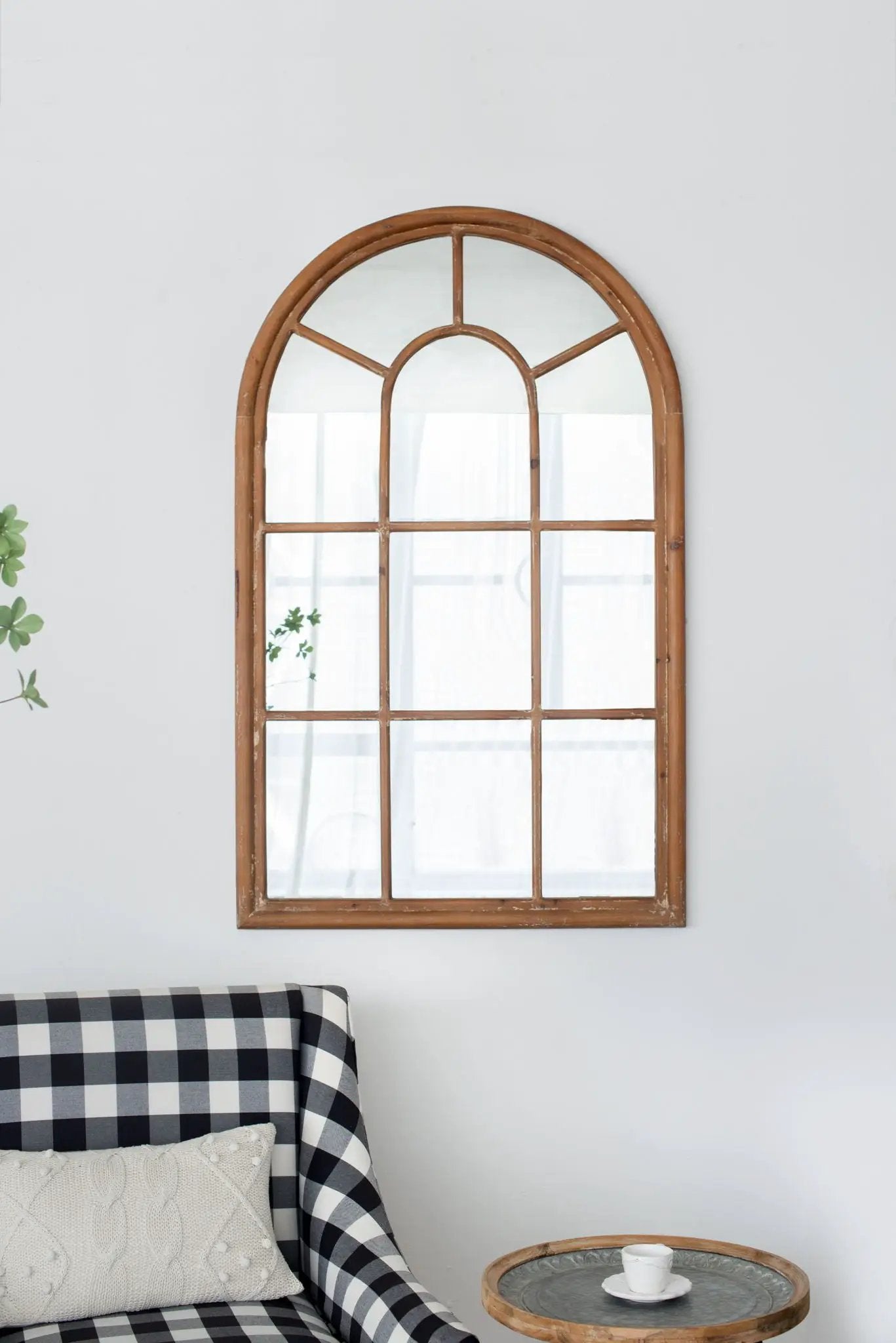 Large Arched Accent Mirror With Frame With Decorative Window Look Classic Architecture Style Solid Fir Wood Interior Decor - Brown by HouseOfZazla
