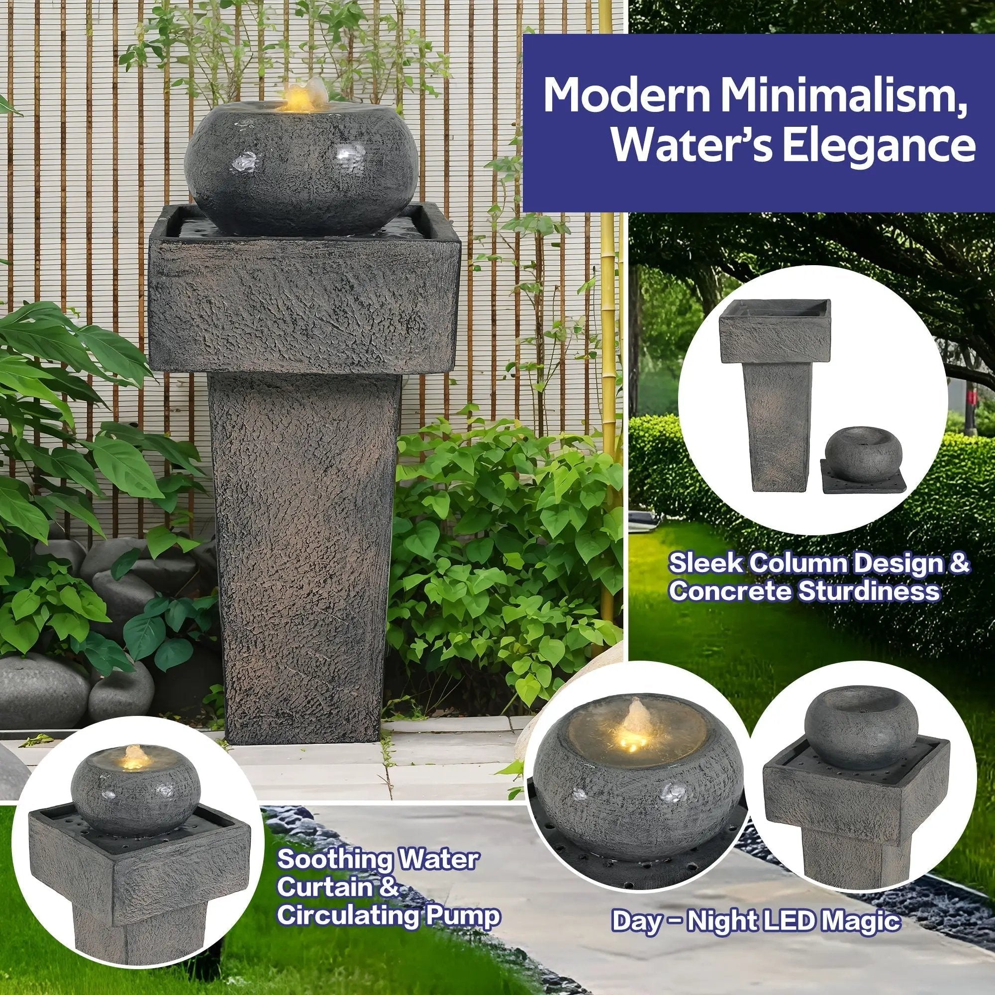 Minimalist Column Fountain With LED Lighting, Outdoor Decor For Patio, Porch And Garden - Gray by HouseOfZazla