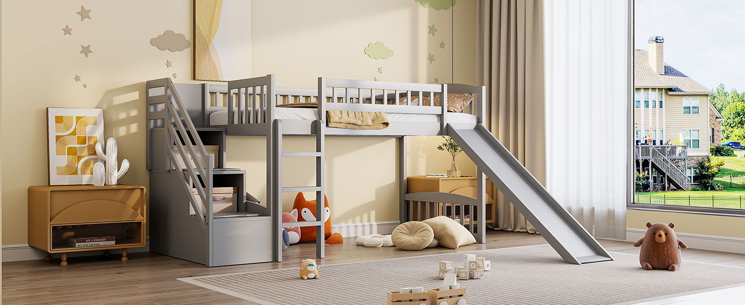 Loft Stairway Bed With 2 Drawers, Convertible Ladder And Slide by HouseOfZazla