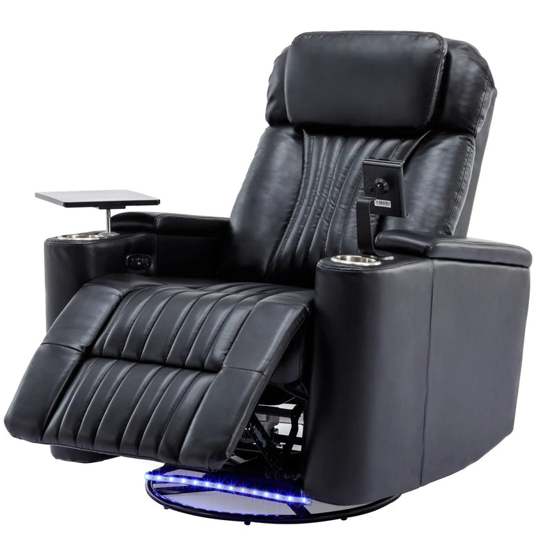 270° Power Swivel Recliner Home Theater Chair With Hidden Arm Storage, LED Light, Cup Holder, And Tray Table by HouseOfZazla