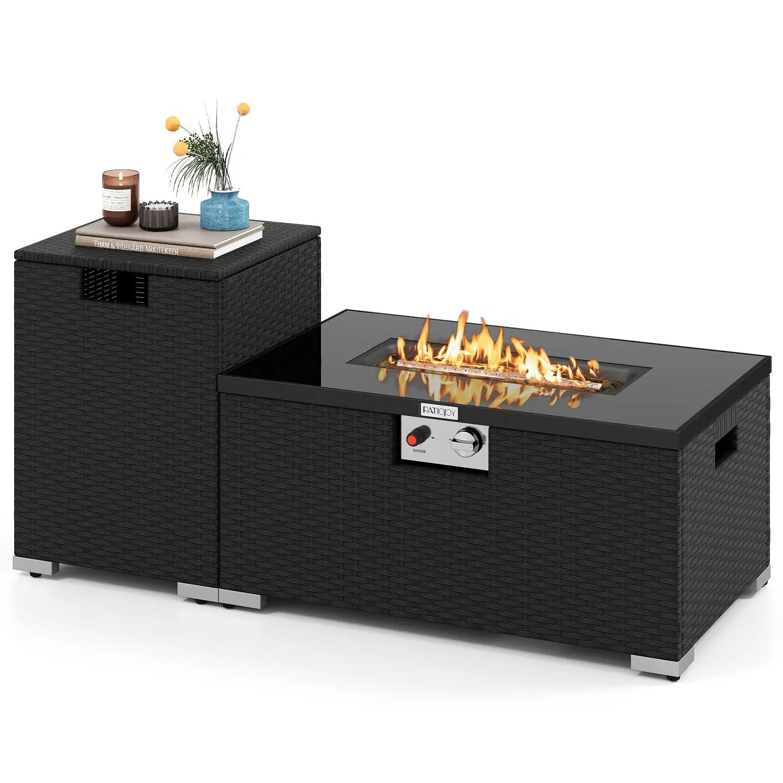 2-Piece Outdoor Rattan Fire Table Set 32 Inch Rectangle Gas Firepit with Tank Cover by DirectDeals