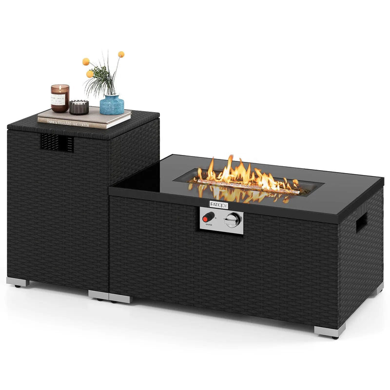 2-Piece Outdoor Rattan Fire Table Set 32 Inch Rectangle Gas Firepit with Tank Cover by DirectDeals