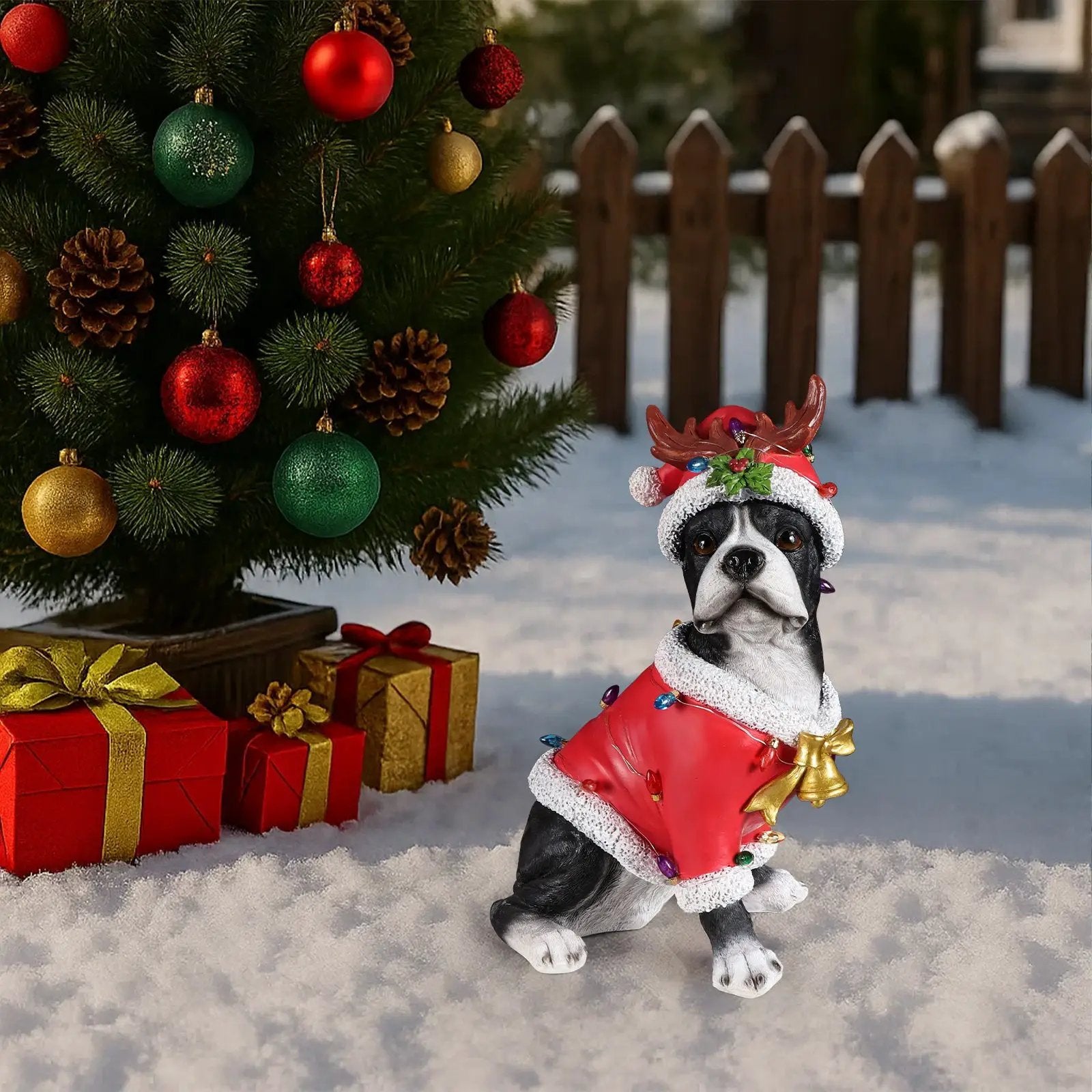 Christmas Boston Terrier Statue, Holiday Dog Figurine in Santa Outfit by HouseOfZazla