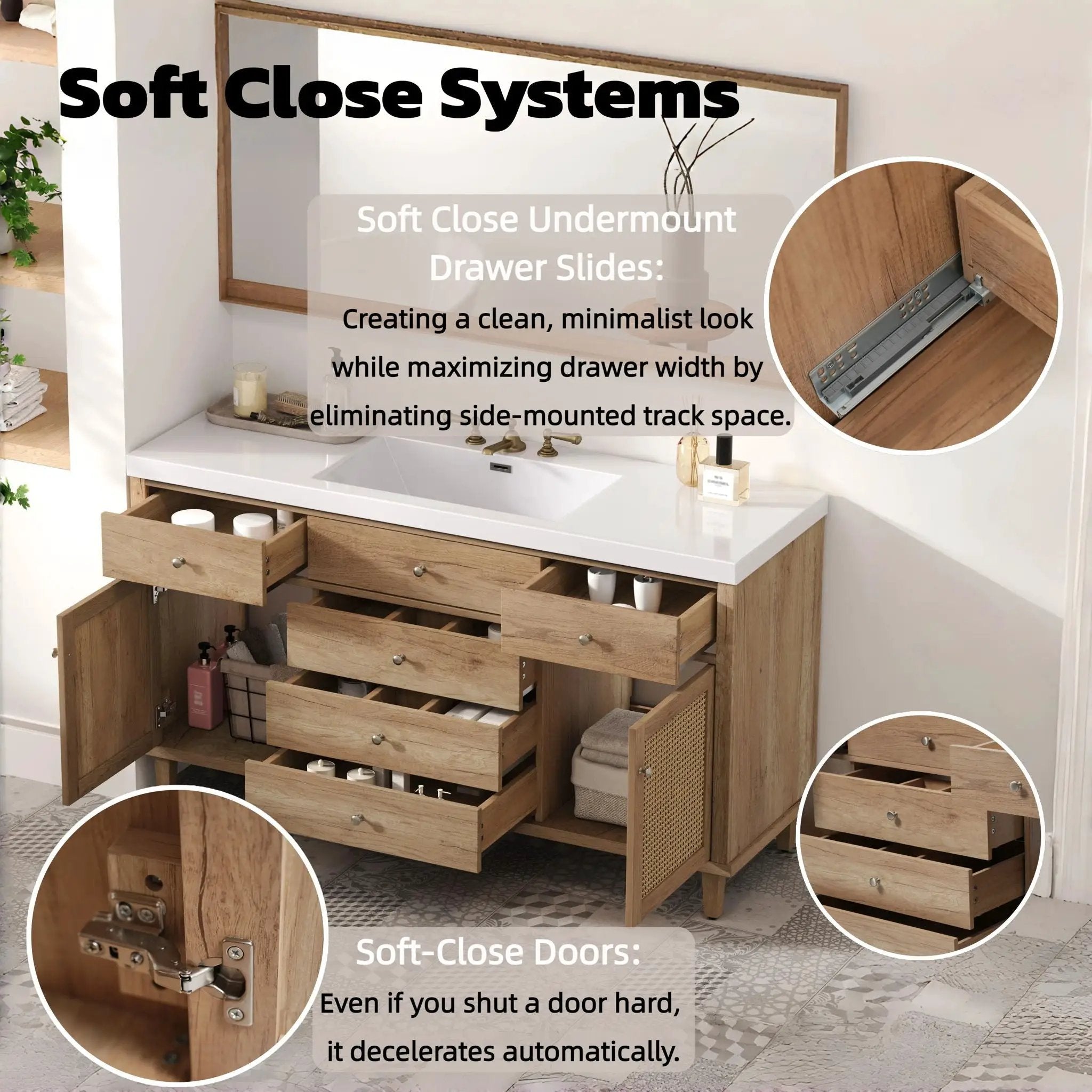 Bathroom Vanity With Sink, 5 Legs, Soft Close Drawers