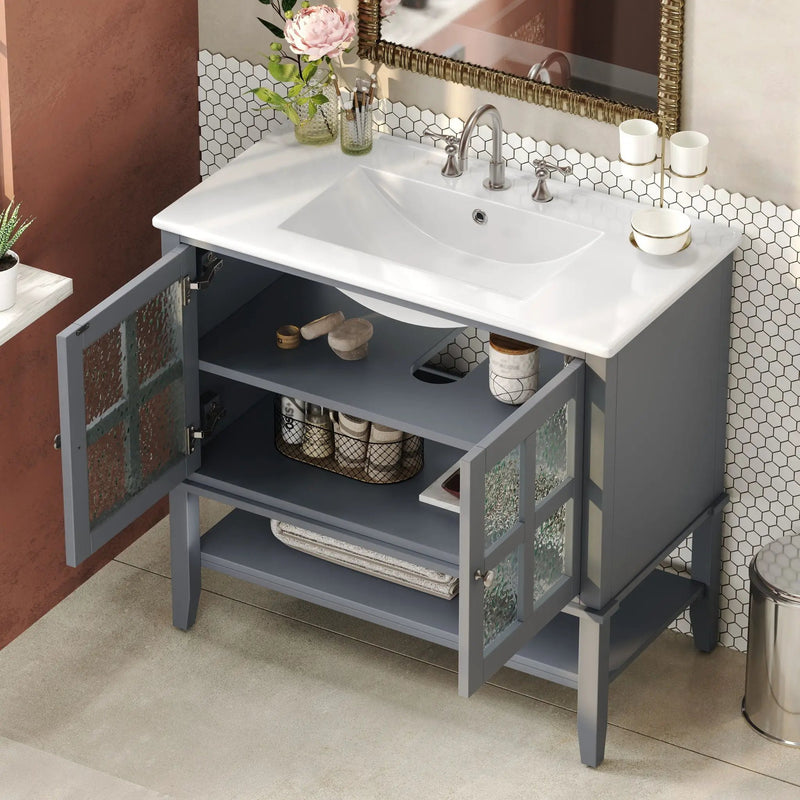 Bathroom Vanity With Ceramic Sink, Adjustable & Open Shelf by HouseOfZazla