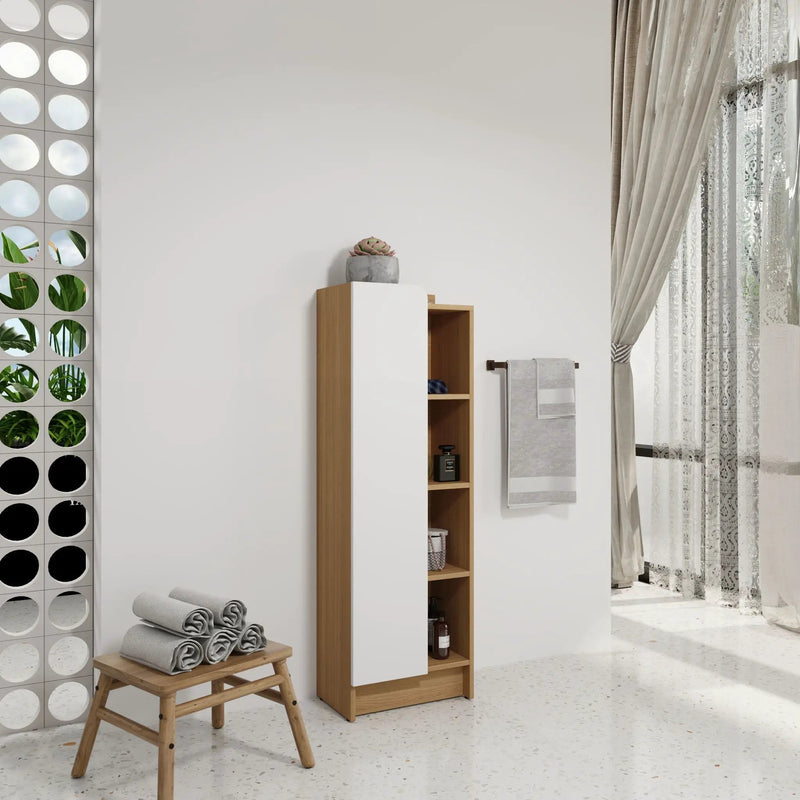 Tall Freestanding Bathroom Side Cabinet With Single Door & 4 Tier Open Shelves - Black / Light Oak / White by Unique Piece Furniture