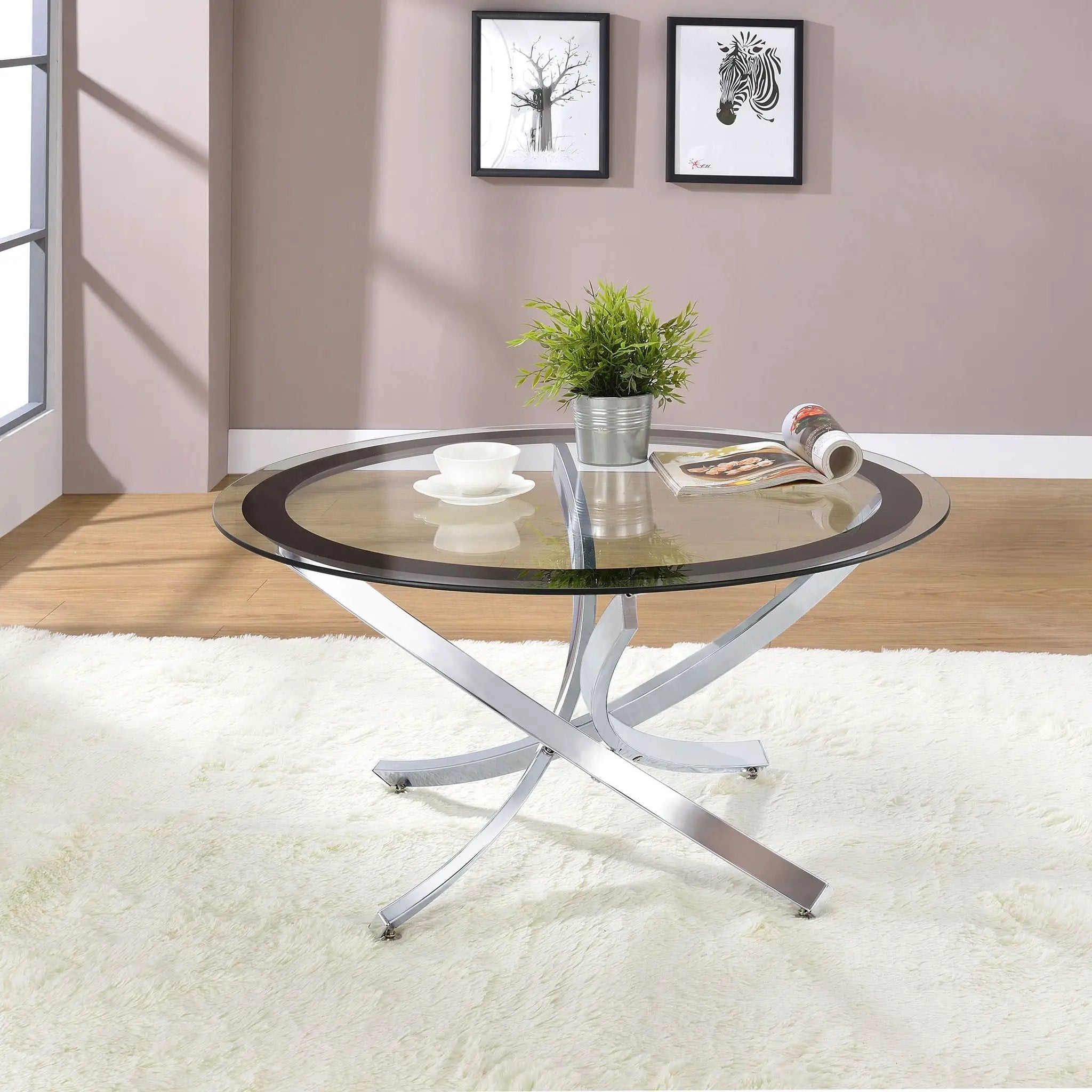 Brooke Round Glass Top Coffee Table Metal Base Chrome by Unique Piece Furniture