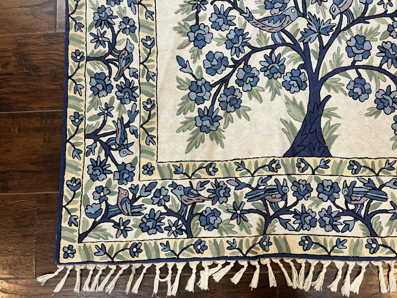 Tree of Life Indian Hand Stitched Rug 4x6, Indian Wall Hanging Rug, Ivory Blue, Silk on Cotton, Vintage by Jewel Rugs