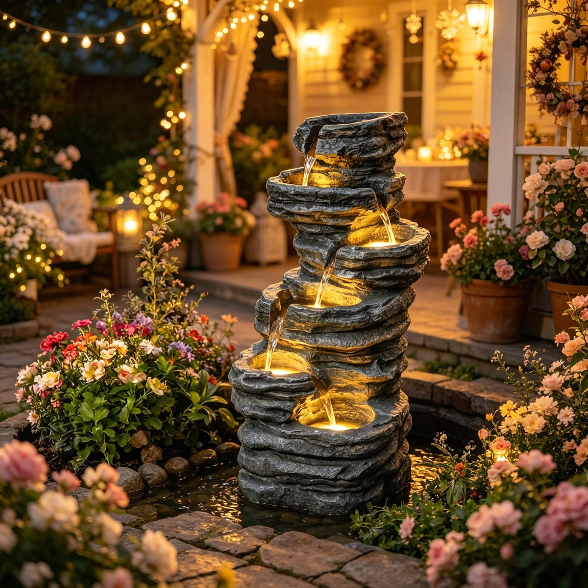 Resin 6 Tier Rock Cascade Outdoor Fountain 40 Inch LED, photo 6 of 7