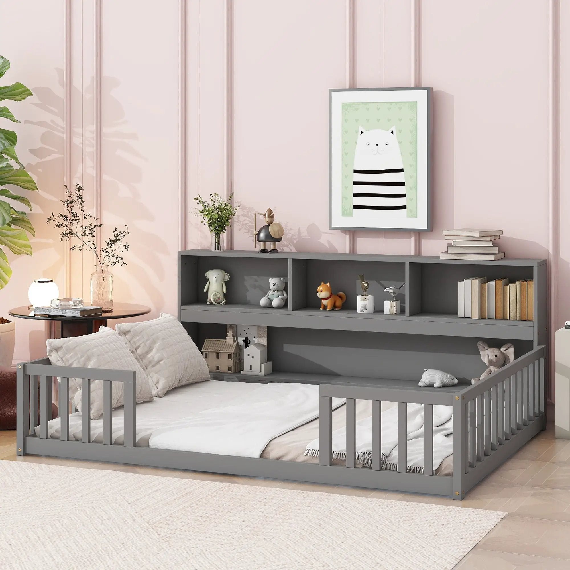 Floor Bed With Side Bookcase, Shelves, Guardrails by Unique Piece Furniture