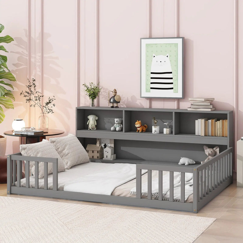 Floor Bed With Side Bookcase, Shelves, Guardrails by HouseOfZazla